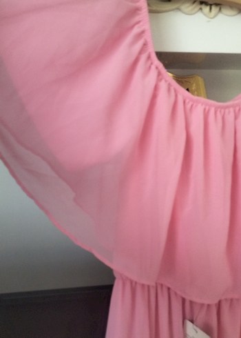 xl Beden pembe Renk Pembe Uzun Volanlı Straplez Bohem Elbise