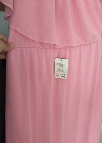 Pembe Uzun Volanlı Straplez Bohem Elbise - Görsel 6