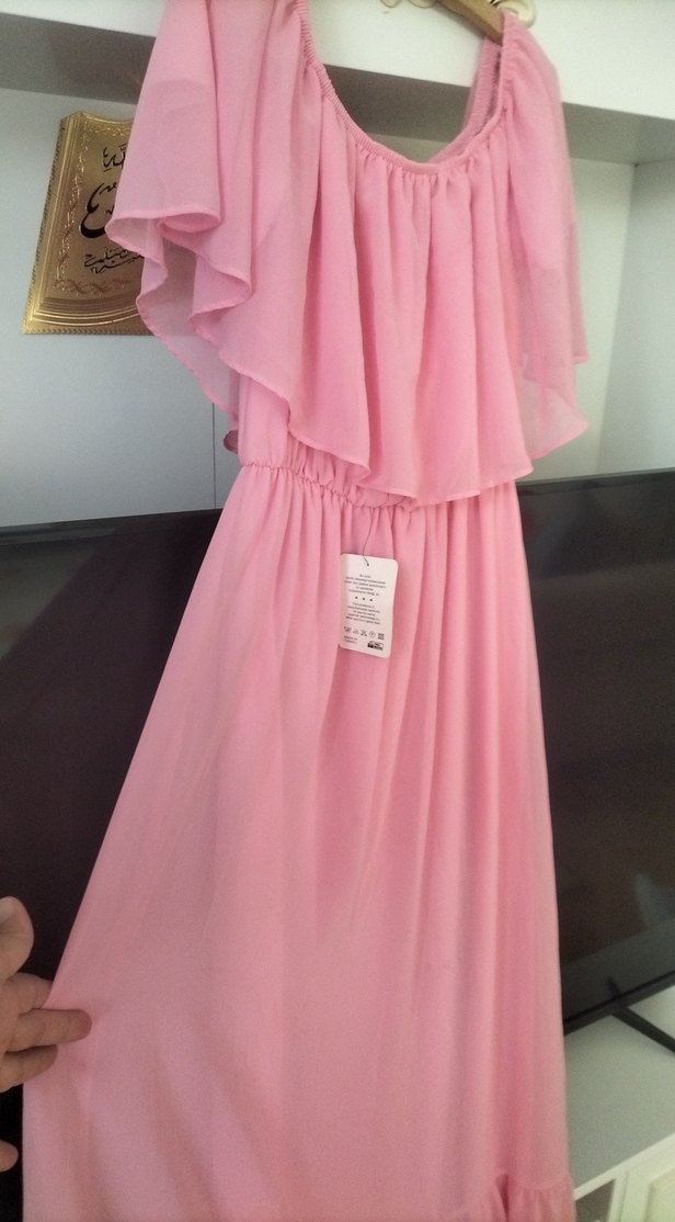 Pembe Uzun Volanlı Straplez Bohem Elbise - Görsel 2