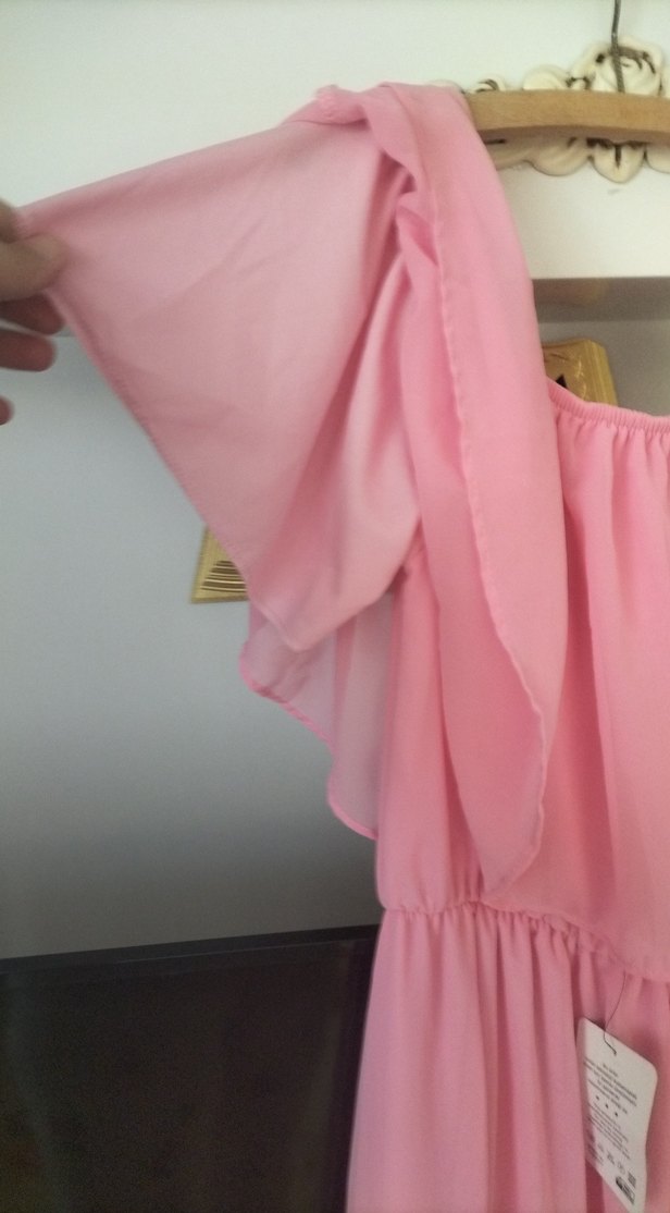 Pembe Uzun Volanlı Straplez Bohem Elbise - Görsel 3