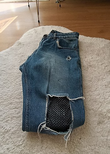 Diğer Kadın Mavi Bol Kesim Yırtık Kot Pantolon