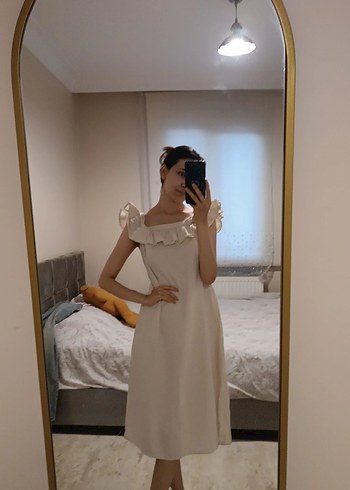 Beymen Bej Midi Kadın Elbise, Askılı, Transparan Detaylı