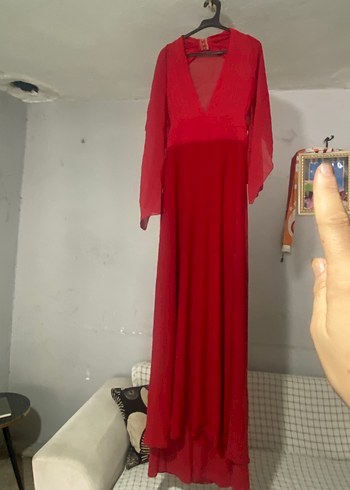 Zara Kırmızı V Yaka Uzun Bohem Elbise