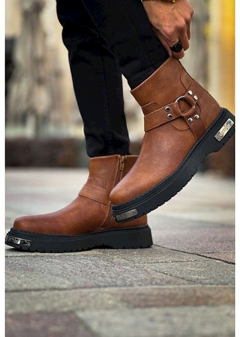 Chekich Bot Orijinal Deri Kahverengi Deri Tokalı Biker Bot - Görsel 3