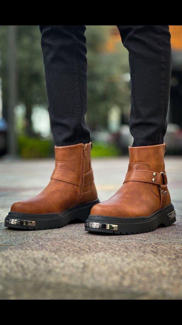 Chekich Bot Orijinal Deri Kahverengi Deri Tokalı Biker Bot - Görsel 4