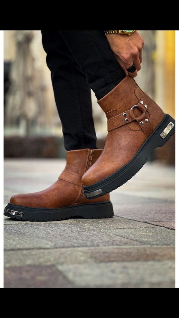 Chekich Bot Orijinal Deri Kahverengi Deri Tokalı Biker Bot - Görsel 3