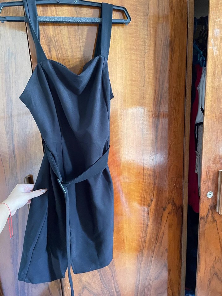 siyah Kemerli yırtmaçlı mini elbise - Görsel 5