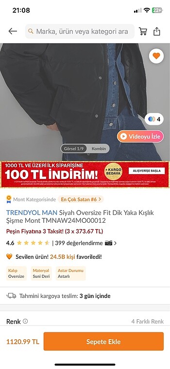 l Beden siyah Renk ERKEK ŞİŞME MONT SİYAH