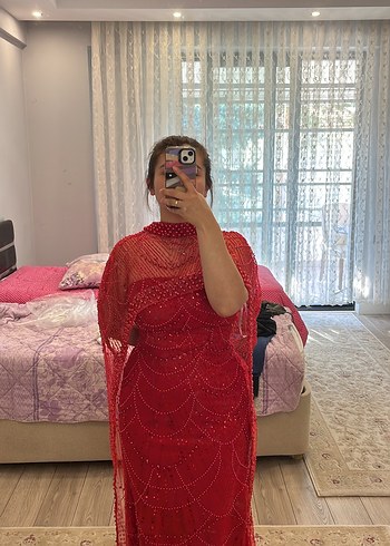 Parlak Kırmızı Uzun Drapeli Kadın Abiye - Görsel 2