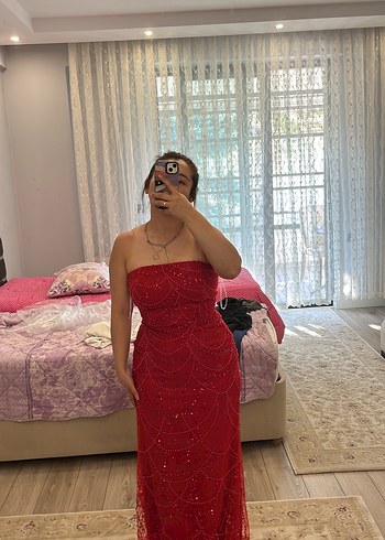 Parlak Kırmızı Uzun Drapeli Kadın Abiye - Görsel 3