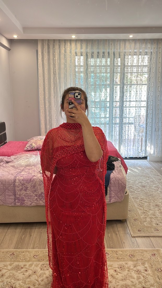 Parlak Kırmızı Uzun Drapeli Kadın Abiye - Görsel 2