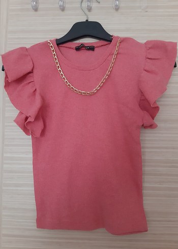 Standart Beden Beden Zincir Detaylı Pembe Kız Bluzu