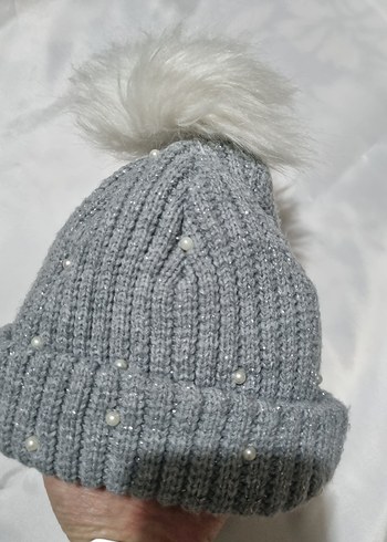 Gri Örgü kız çocuk Bere Beyaz Ponponlu - Görsel 3