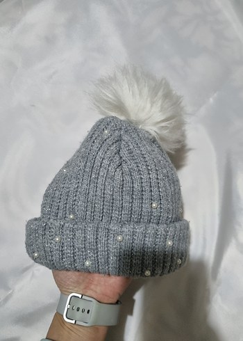 Gri Örgü kız çocuk Bere Beyaz Ponponlu - Görsel 2