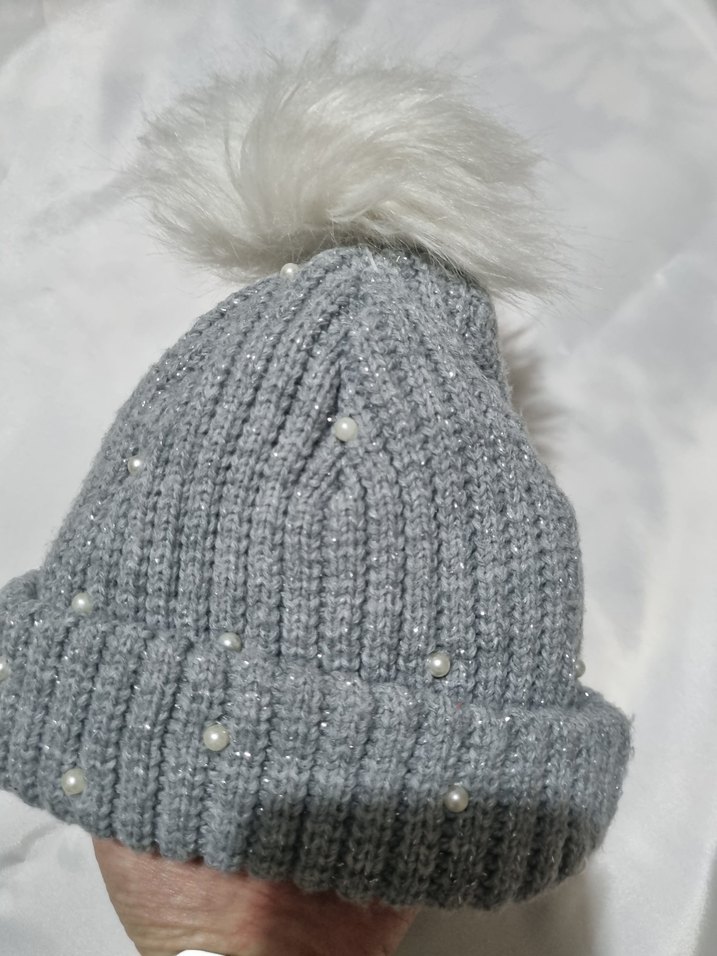 Gri Örgü kız çocuk Bere Beyaz Ponponlu - Görsel 3