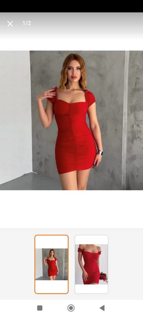 Kırmızı Drapeli Mini Straplez Elbise - Görsel 2