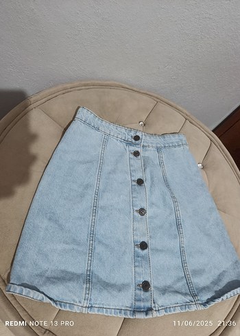 Düğmeli Mavi Denim Mini Etek - Görsel 2