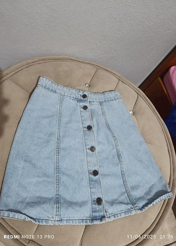 Düğmeli Mavi Denim Mini Etek - Görsel 3