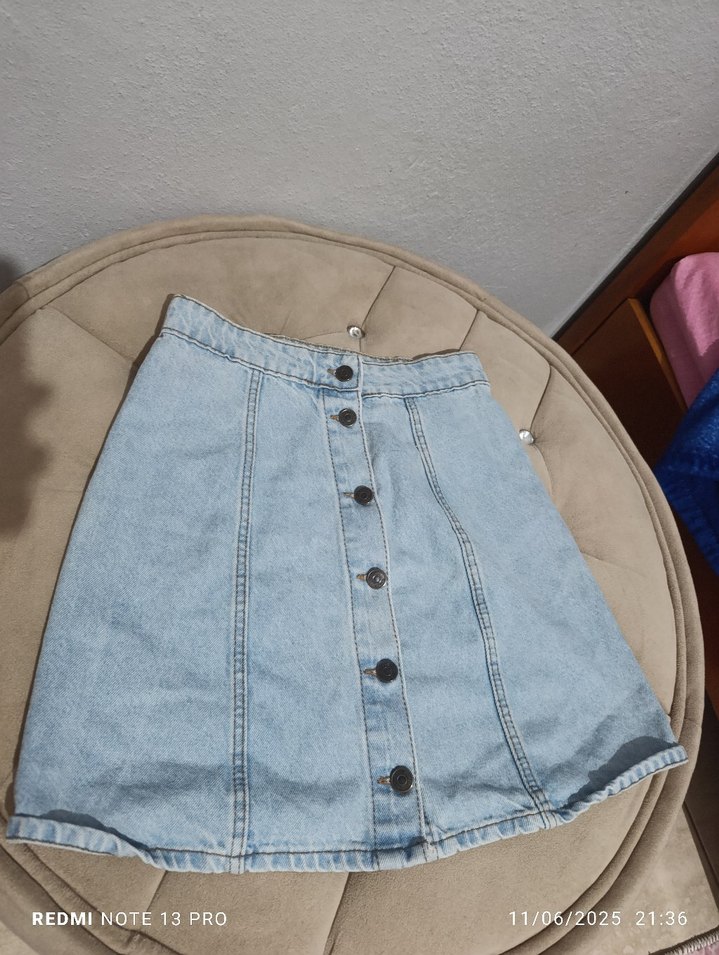 Düğmeli Mavi Denim Mini Etek - Görsel 3