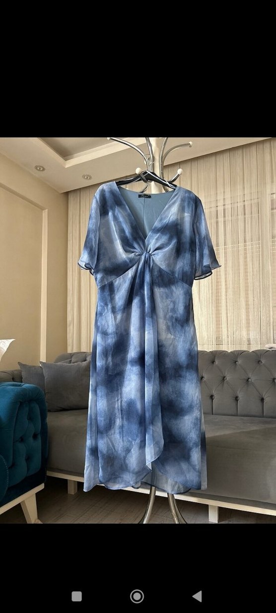 Mavi Bağlama Desenli Midi Elbise - Görsel 2