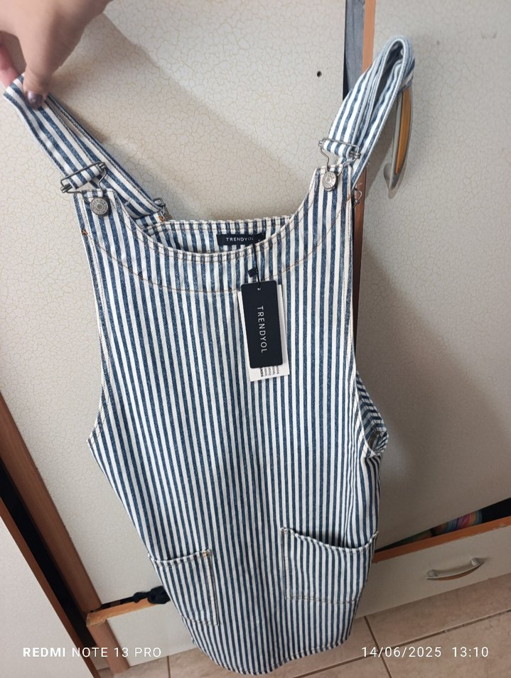 Kadın Çizgili Kısa Salopet Lacivert - Görsel 2