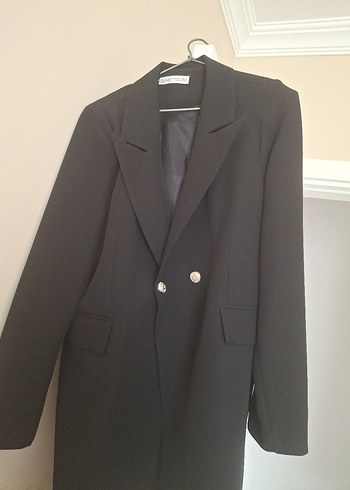 Kadın Siyah Düğmeli Midi Blazer Ceket - Görsel 2