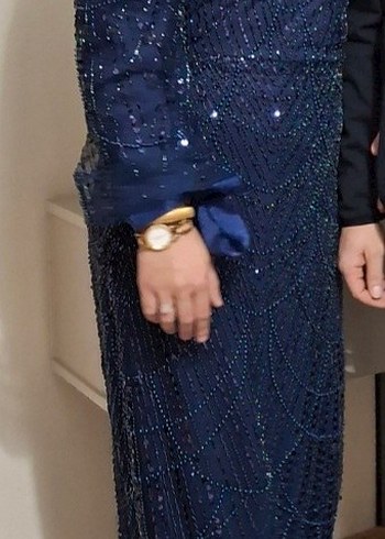 Boncuk İşlemeli Kadın Lacivert Uzun Abiye Elbise - Görsel 2