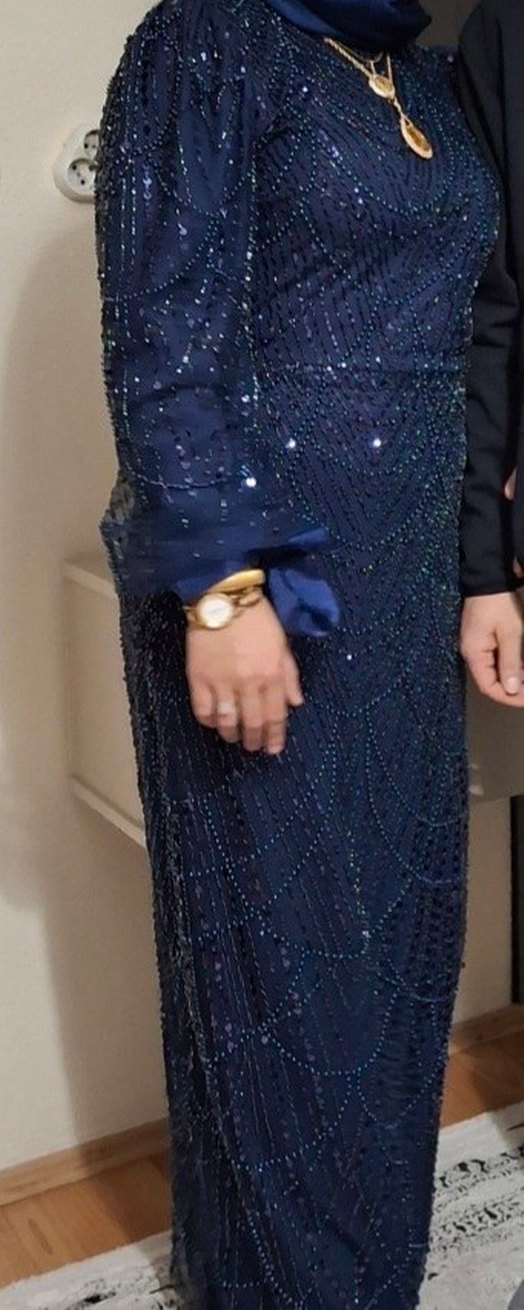 Boncuk İşlemeli Kadın Lacivert Uzun Abiye Elbise - Görsel 2