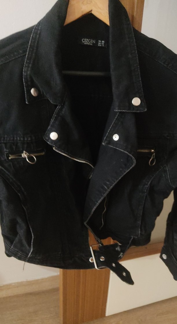 Siyah Kemerli Mini Denim Ceket - Görsel 2