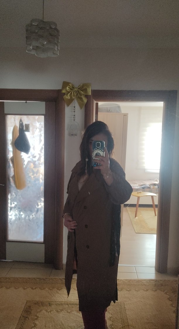 Kahverengi siyah Süet Midi Trençkot - Görsel 3