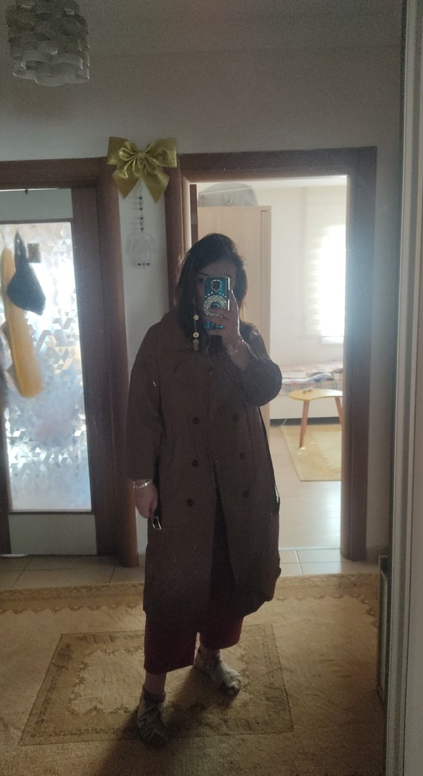 Kahverengi siyah Süet Midi Trençkot - Görsel 2