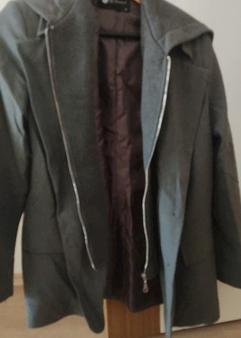 Gri Keten sweat detaylı kapşonlu Midi Kadın Ceket - Görsel 3