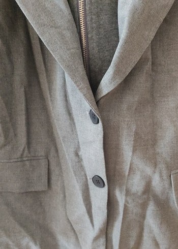 Gri Keten sweat detaylı kapşonlu Midi Kadın Ceket - Görsel 2