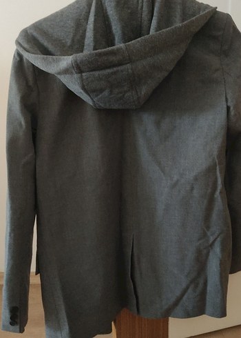 Gri Keten sweat detaylı kapşonlu Midi Kadın Ceket - Görsel 4