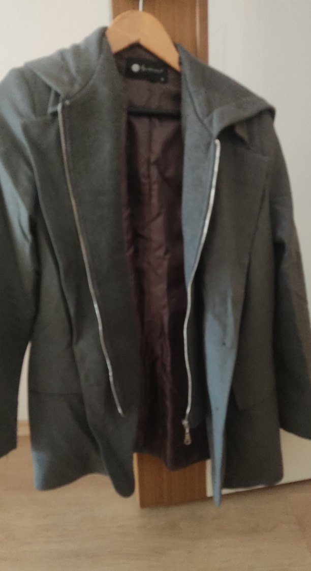 Gri Keten sweat detaylı kapşonlu Midi Kadın Ceket - Görsel 3