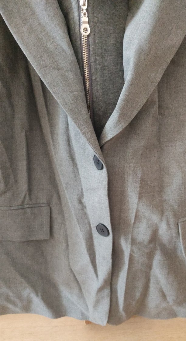 Gri Keten sweat detaylı kapşonlu Midi Kadın Ceket - Görsel 2