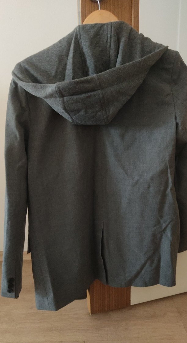 Gri Keten sweat detaylı kapşonlu Midi Kadın Ceket - Görsel 4