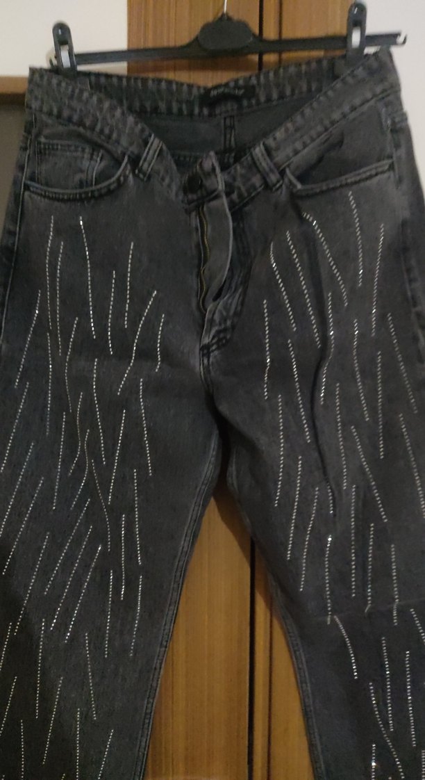 Gri Payet İşlemeli Kadın Kot Pantolon - Görsel 2