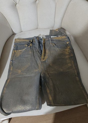 Kadın Gri Altın Parlak Denim Pantolon - Görsel 2