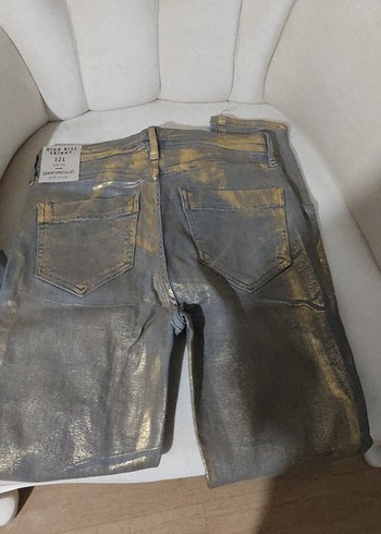 Kadın Gri Altın Parlak Denim Pantolon - Görsel 3