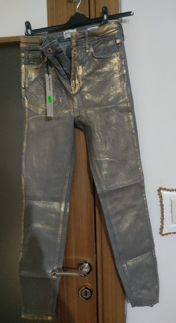 Kadın Gri Altın Parlak Denim Pantolon - Görsel 4