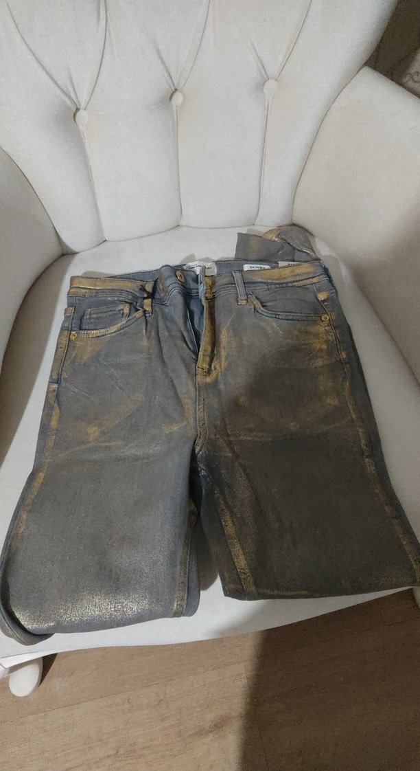 Kadın Gri Altın Parlak Denim Pantolon - Görsel 2