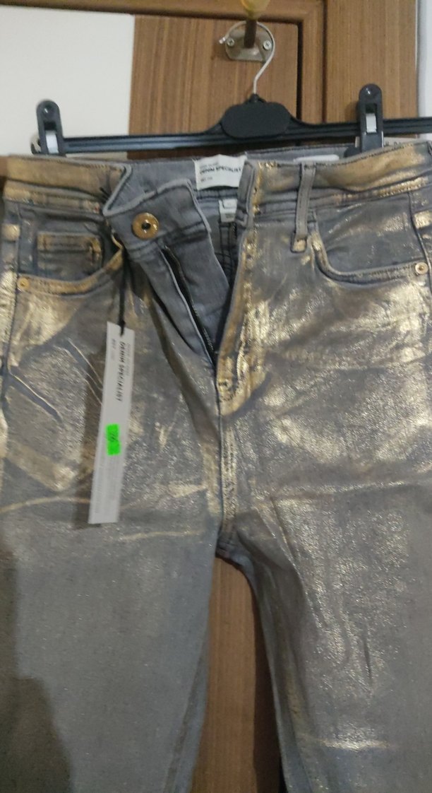 Kadın Gri Altın Parlak Denim Pantolon - Görsel 5