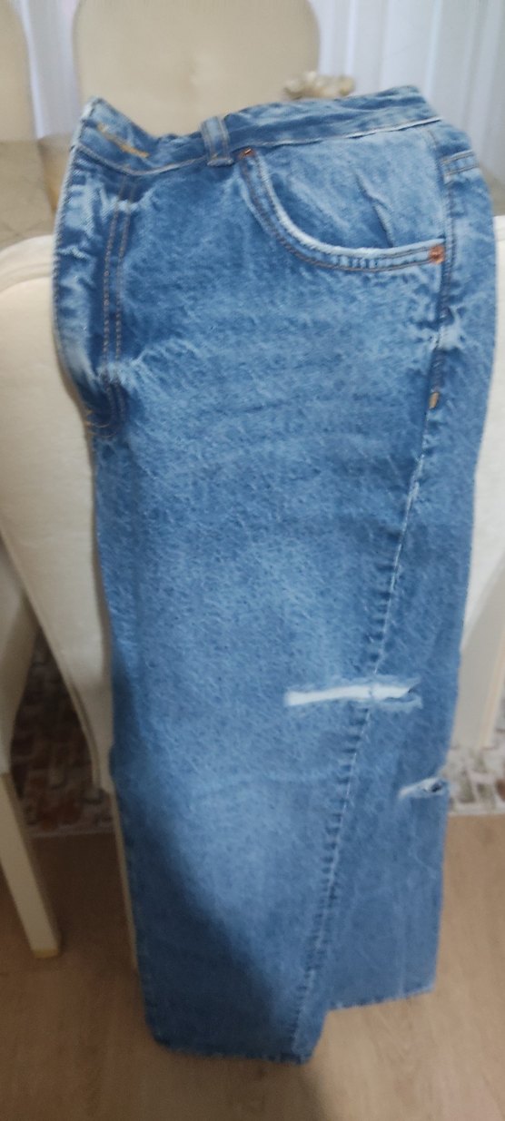 Düğmeli Gri Mavi Batik Desenli Kadın Kot Pantolon - Görsel 4