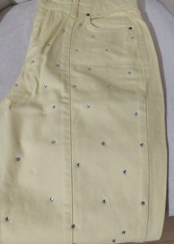 Düğmeli Pastel Sarı taşli  Midi Kadın Kot Pantolon - Görsel 2