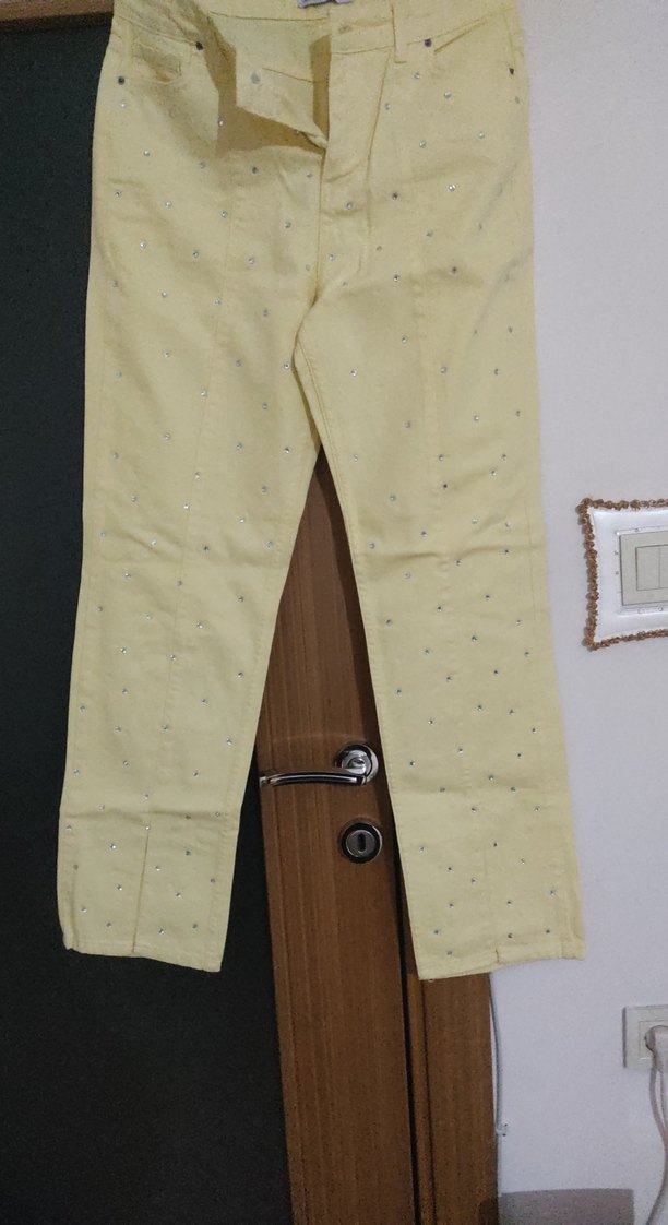 Düğmeli Pastel Sarı taşli  Midi Kadın Kot Pantolon - Görsel 4