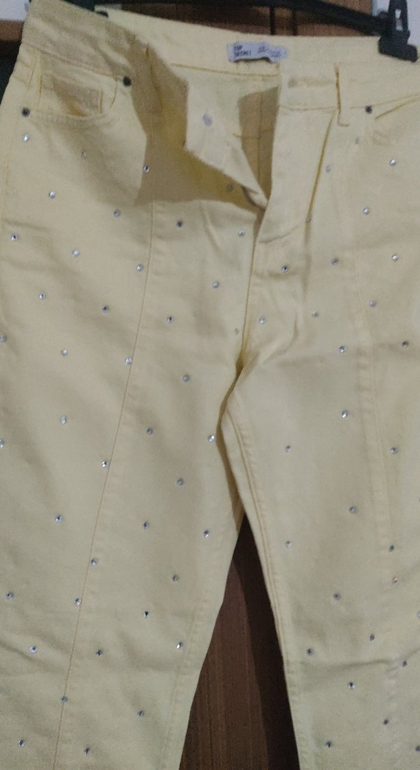 Düğmeli Pastel Sarı taşli  Midi Kadın Kot Pantolon - Görsel 5