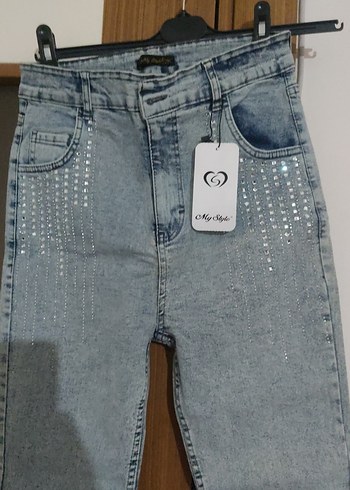 Gri Payetli likralı paça tasli Kadın Midi Kot Pantolon - Görsel 5