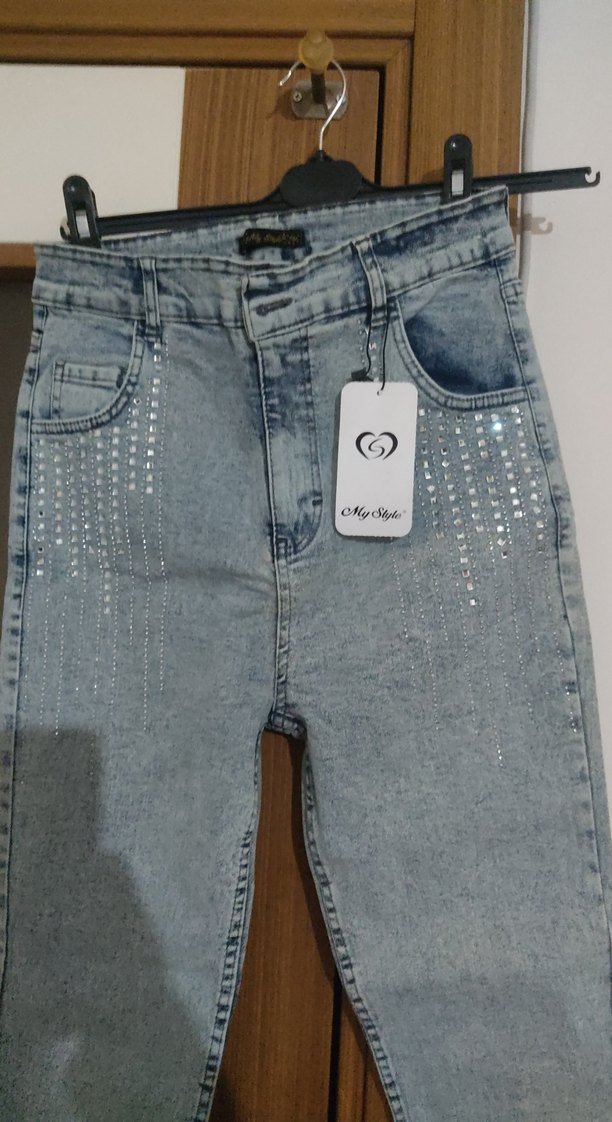 Gri Payetli likralı paça tasli Kadın Midi Kot Pantolon - Görsel 5