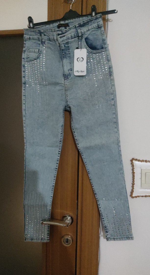 Gri Payetli likralı paça tasli Kadın Midi Kot Pantolon - Görsel 3